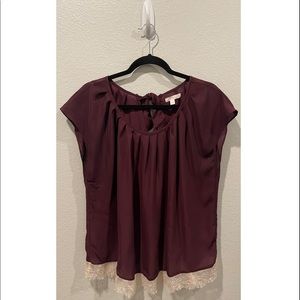 LC LAUREN CONRAD Burgundy Sheer Lace Blouse